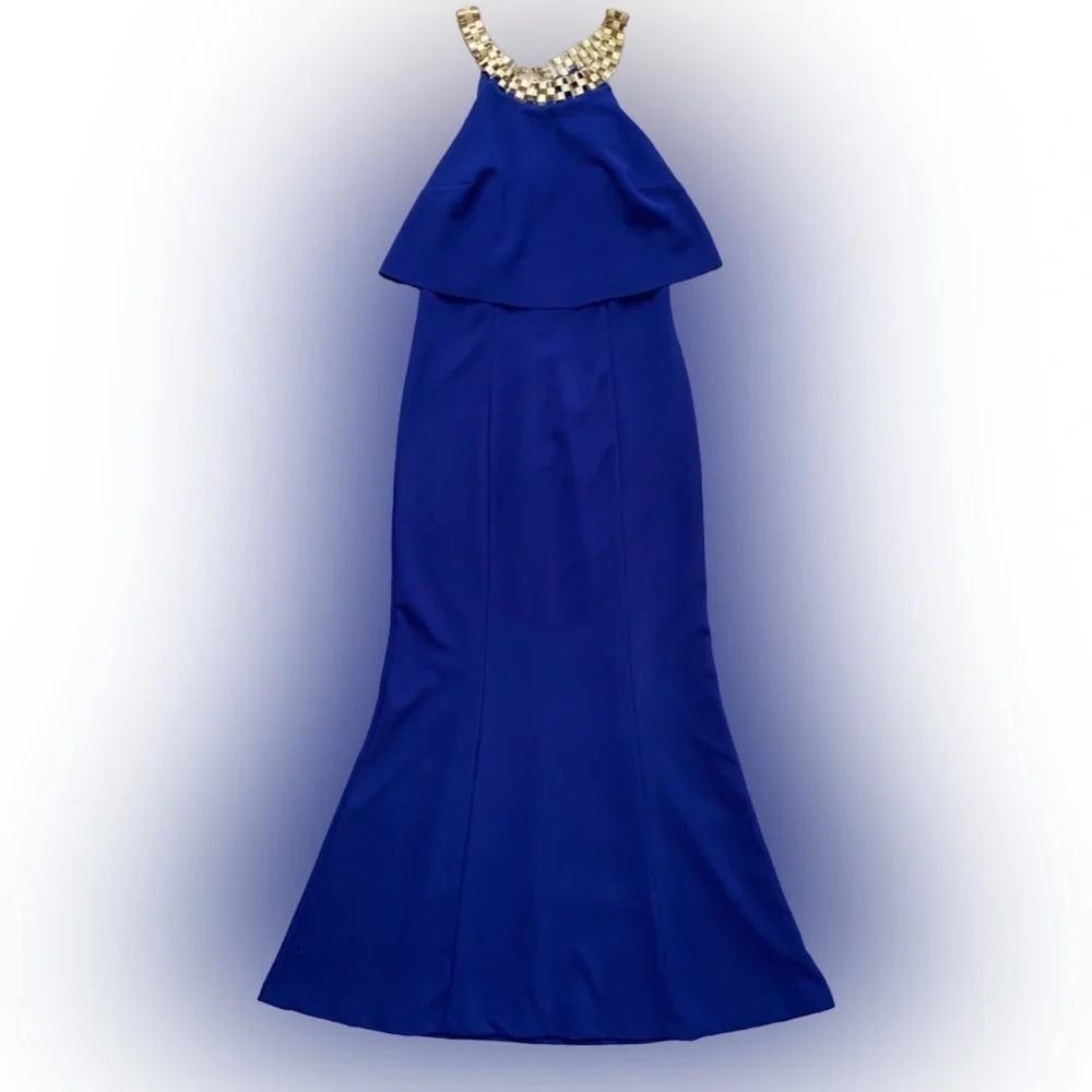 DECODE 1.8 Royal Blue & Gold Chain Halter Mermaid Formal Evening Dress  Size 4